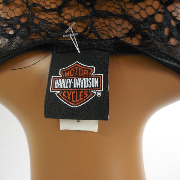HARLEY DAVIDSON Top M Long Black Lace Tunic Shirt Skull Logo Sheer 3/4 Sleeves - Picture 12 of 14